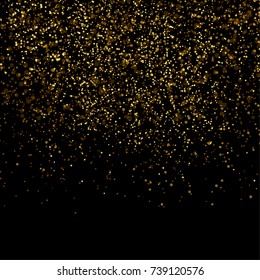 Transparent golden luxurious small falling confetti shimmer. Abstract dust pattern festive glittery christmas card background. Vector illustration