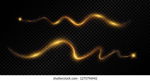 Transparent golden magic light. Sparkling glittering effect. Background decorative elements 