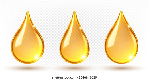 Gotas transparentes de óleo dourado. Essência cosmética e cuidados com a pele. Ilustração vetorial