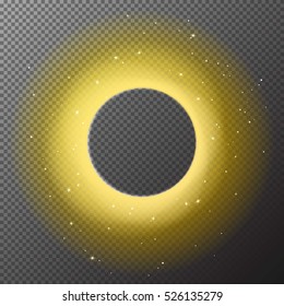 Transparent golden round shiny frame background with lights isolated on checkered background. Vector illustration.