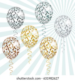 Transparent golden and silver balloons with spangles, confetti and streamers. Vector illustration EPS10 for festive designs as holiday, party, celebration and greeting card