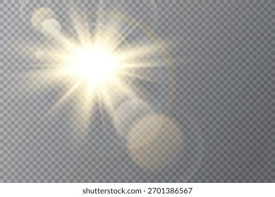 Transparenter goldener Sonnenlichteffekt. Funkelnde Strahlen mit Linsenfackel. Vektorgrafik