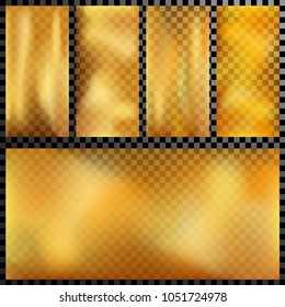 Transparent golden vector background texture set. Light, realistic, elegant, shiny, metallic and empty golden gradient illustration.