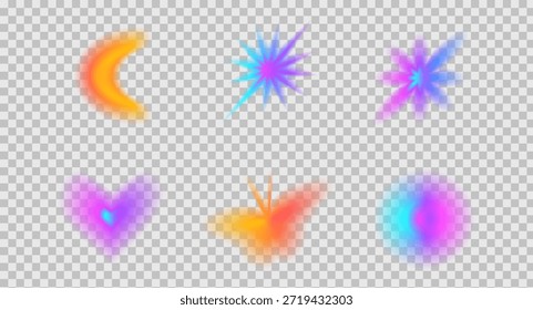 Mariposa de desenfoque de gradiente transparente, Formas de flores. Aura suave efecto borroso y figuras estéticas Y2K. Abstractas Elementos geométricos con transiciones de malla, aura iridiscente para las redes sociales de moda.