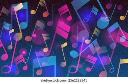 Transparent gradient musical note with grainy effect. Music melody neon creative design for musical apps and websites background vector illustration. Rainbow lens flare effect, dust, photo burn effect