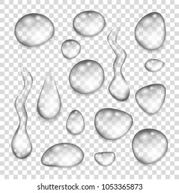 Transparent  gray  drops of pure clear water isolated on a checkered  background. Dew. Realistic  vector  illustration.