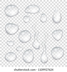 Transparent  gray  drops of pure clear water.  Realistic  vector  illustration.