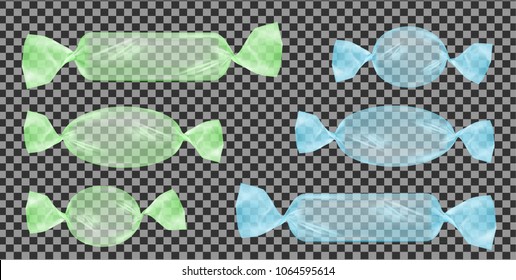 Transparent green and blue foil food snack pack for candy and other products.