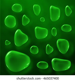 Transparent green color drops on black background. Vector.