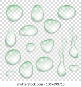 Transparent  green drops of pure clear water isolated on a gray background. Dew. Realistic  vector  illustration.