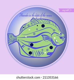 Transparent green flounder in the depths of the ocean. Card with text and flag on a frame.