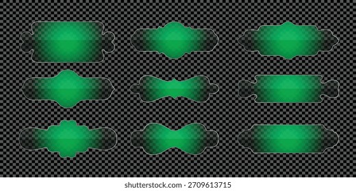 Transparent green glass-like decorative frames, banners, and labels with a subtle texture on transparent background