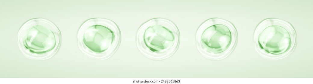 Transparent green liquid bubbles. Collagen serum bubbles. Cosmetic essence. Concept skin care cosmetics solution. Vector 3d illustration
