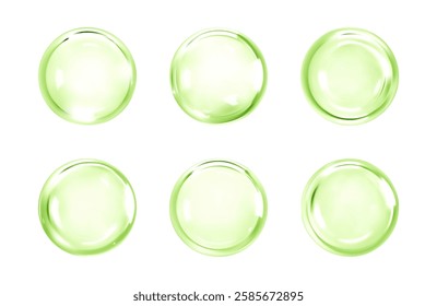 Transparent green liquid bubbles. Cosmetic oil, serum or essence. Skincare product. Concept skin care cosmetics solution. Vector illustration
