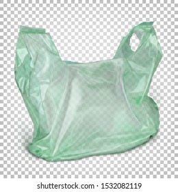 Transparent green polythene  bag with handles standing on the surface. Vector realistic illustration isolated on transparent background.