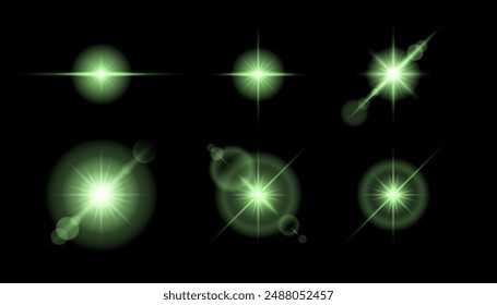 Transparent green sunlight special effect set on black background. Vector lens flare light, sun rays flash, glow star burst, shiny sun glare collection.