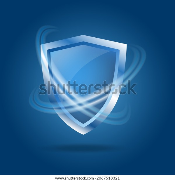 Transparent\
guard shield. True transparented it protection shields symbol blue\
background for 3d guardian concepts with reflects, protective\
defensive clear crystal armor wall\
security