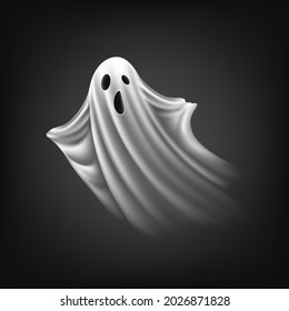 Transparent Halloween spooky monster, spirit or poltergeist flying. Ghost on dark background.