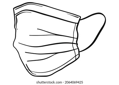 Transparent hand drawn medical mask. Outline face mask in sketch. Cartoon style