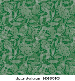 Transparent hand drawn silver rowan tree branches with berries. Seamless layered vector pattern on green background. Great for Christmas, garden, cosmetic products, packaging, stationery, fabric