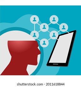 transparent head and smartphone facing each other and the icon of the person in the bubble above it