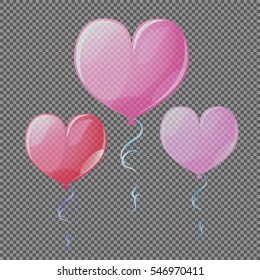 Transparent heart air balloon vector elements. Wedding decor heart balloon with transparency effect. Pink and red heart balloon isolated clipart for marriage anniversary invitation. Valentine day card