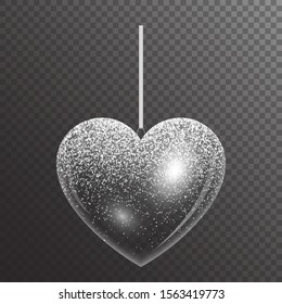 Transparent heart with bright silver sparkles for decorating Valentine's Day greetings. Christmas vector illustration.
