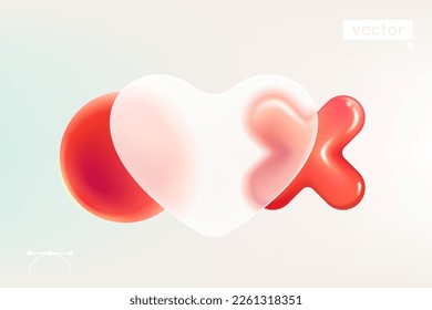 Transparent heart card screen in Glassmorphism style with red rejection logo. Matte glass 3D red cross, no, error, block, disapprove, cancel, prohibition, wrong choice, negative, deny icons.