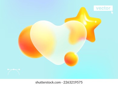 Transparent heart card screen in Glassmorphism style with gold star logo. Vector 3D achievement icon. Matte glass with blur effect. UI elements for bookmark, favorite, best, winner, success page.