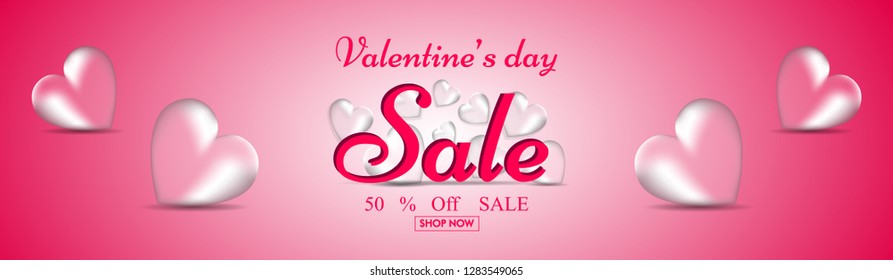 Transparent heart shapes with 50% discount offer on glossy pink background for Valentine's Day sale.