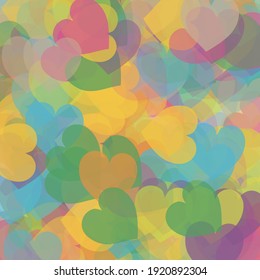 El fondo de la boda romántica arcoiris del corazón transparente. Vector Azul Amor Tejidos Ornamentales Naranja. Ilustración de Arte Colorido Multicolor Rosa Verde San Valentín. Impresión amarilla de confetti morado.