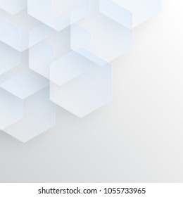 Transparent hexagons abstract background and space for text. Vector illustration concept of business, technology, science. Use for labels, presentation, brochures, cover, banner, backdrop, card. 