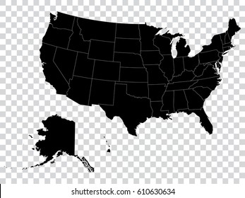 Transparent - high detailed black map of United States of America. Vector illustration eps 10.