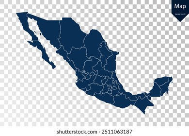 Transparente - Mapa Azul Alto Detallado de México. Vector eps10.