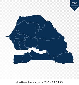 Transparente - Mapa Azul Alto Detallado de Senegal. Vector eps10.