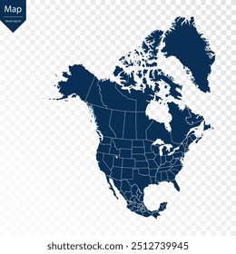 Transparent - High Detailed Blue Map of North America. Vector eps10.