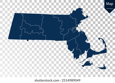 Transparente - Mapa azul alto detallado de Massachusetts. Vector eps10.