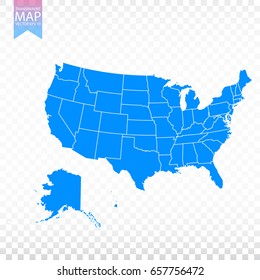 Transparent - high detailed blue map of United States of America. USA vector illustration eps 10.