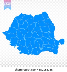 Transparent - high detailed blue map of Romania. Vector illustration eps 10.