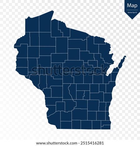 Transparent - High Detailed Blue Map of Wisconsin. Vector eps10.
