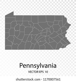 Transparent - High Detailed Grey Map of Pennsylvania. Vector Eps10.