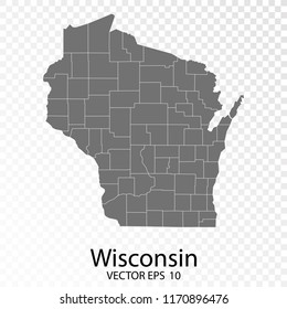 Transparent - High Detailed Grey Map of Wisconsin. Vector Eps10.