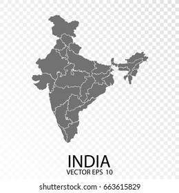 Transparent - High Detailed Grey Map of India. Vector Eps 10.
