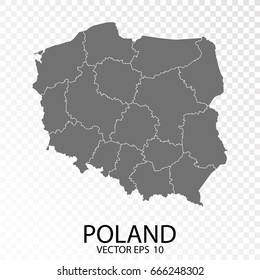 Transparent - High Detailed Grey Map of Poland. Vector Eps 10.