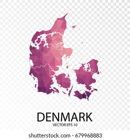 Transparent - High Detailed Low Poly Purple Map of Denmark. Vector illustration eps 10.