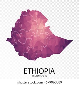 Transparent - High Detailed Low Poly Purple Map of Ethiopia. Vector illustration eps 10.
