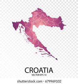 Transparent - High Detailed Low Poly Purple Map of Croatia. Vector illustration eps 10.