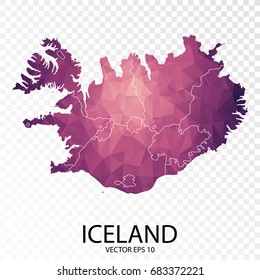 Transparent - High Detailed Low Poly Purple Map of Iceland. Vector illustration eps 10.