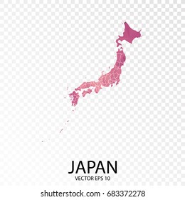 Transparent - High Detailed Low Poly Purple Map of Japan. Vector illustration eps 10.