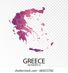 Transparent - High Detailed Low Poly Purple Map of Greece. Vector illustration eps 10.